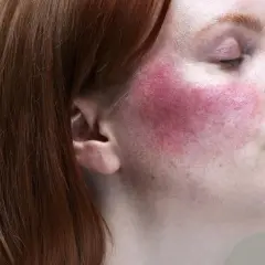 Rötliche Wangen bei Rosacea, ausgelöst durch Alkohol.