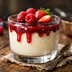 Délicieux panna cotta yaourt, nappé de coulis de fruits rouges et garni de framboises et fraises fraîches. Un délice !