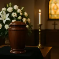 Drewniana urna, białe kwiaty i płonąca świeca. Obraz sugeruje spokój i refleksję nad tym, co czuje dusza podczas kremacji.