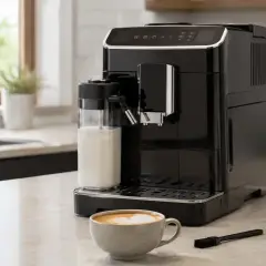 Czarny ekspres DeLonghi z dzbankiem na mleko i filiżanką kawy. Dowiedz się, jak wyczyścić spieniacz do mleka Delonghi, by cieszyć się idealnym cappuccino.