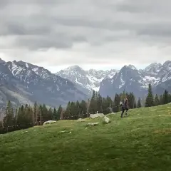 Wędrowiec na tle górskich szczytów Beskidu Niskiego. Malownicze **beskid niski szlaki** zachęcają do odkrywania.