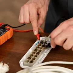 Ręce majsterkowicza mierzą rezystancję elektryczną za pomocą multimetru, badając gniazdo przedłużacza.