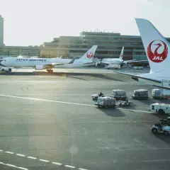 Samoloty Japan Airlines na lotnisku w Japonii. W tle budynki terminali i wieża kontroli lotów. Na płycie lotniska widać obsługę naziemną i ładunki.