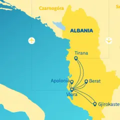 Mapa pokazuje lotniska w Albanii: Tiranę, Wlorę, Apolonię, Berat i Gjirokaster.