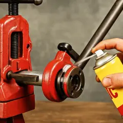 Preparazione per come unire due tubi di ferro: lubrificazione di una filettatrice per tubi con spray.