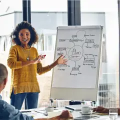 A woman leads a meeting, using influential communication to explain a plan overview on a whiteboard to her colleagues.