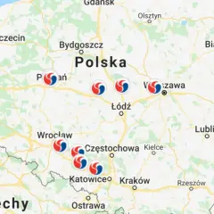 Mapa Polski z zaznaczonymi punktami. Widać autostradę A4, a także lokalizacje miast takich jak Katowice i Kraków, sugerujące opłaty.