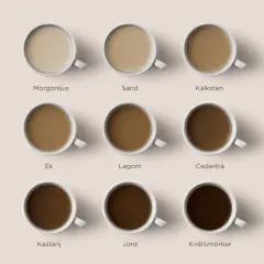 Nio koppar kaffe med vitt, från ljusaste morgonljus till mörkaste kvällsmörker.
