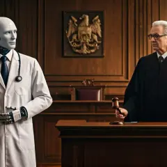 Un robot medico con camice e stetoscopio, di fronte a un giudice. L'intelligenza artificiale in sanità incontra la giustizia.