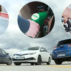 Trzy sceny tankowania samochodów: gazu, benzyny 95 oktanów i nieznanego paliwa. Na dole trzy Toyoty Auris. Na to diesel czy benzyna?