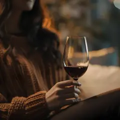 Kobieta w swetrze trzyma kieliszek czerwonego wina. Czas na relaks, gdy wino nie pracuje, a wieczór staje się spokojny.