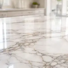 Superficie lucida in resina su marmo bianco con venature dorate e grigie, che riflette la luce di una finestra.