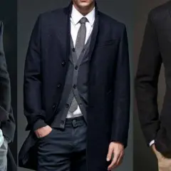 Trois hommes stylés montrent comment porter un cardigan homme avec élégance, superposé sous un manteau ou une veste.