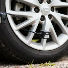 Un capteur ABS est fixé à une roue de voiture, un symptôme potentiel d'un problème de freinage.