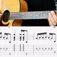 Ręce grające na gitarze akustycznej, obok zapis nutowy i tabulatura pokazujące prosty riff gitarowy.