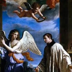 Ein Engel zeigt Aloisius von Gonzaga das Kreuz. Ein Putto schwebt darüber und hält einen Kranz.