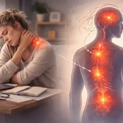Kobieta z bólem karku, połączona z wizualizacją kręgosłupa i mózgu, sugerująca ból kręgosłupa o podłożu psychicznym.