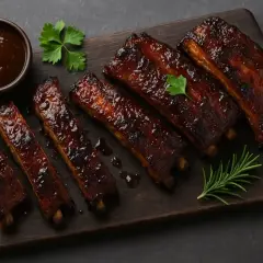Des côtes de porc barbecue, laquées et brillantes, servies sur une planche en bois avec une sauce et des herbes fraîches.