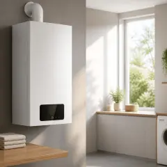 Caldaia a condensazione moderna, efficiente e compatta, installata in un ambiente luminoso con lavatrice e finestra.