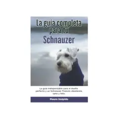 Un schnauzer mediano con un abrigo azul, posando para la portada de un libro sobre cómo ser un dueño perfecto.