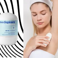 Kobieta stosuje antyperspirant Medispirant mineralny. Produkt z olejkiem bawełnianym dla skóry wrażliwej.