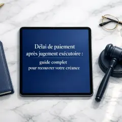 Un marteau de juge, des lunettes, un carnet et une tablette affichant "Délai de paiement après jugement exécutoire : guide complet pour recouvrer votre créance". J'ai gagné en cours d'appel !