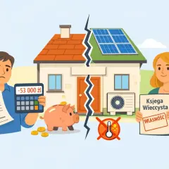Smutny mężczyzna z kalkulatorem (-53 000 zł) i skarbonką kontra uśmiechnięta kobieta z księgą wieczystą. Enea windykacja kontakt.