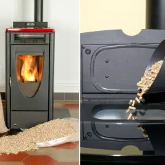 Poêle à granulés allumé, sacs de granulés à côté. Aide à choisir quel pellet choisir pour le remplir.