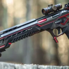 Un fusil pour sanglier au design futuriste, noir et rouge, avec lunette de visée, posé sur une souche en forêt.