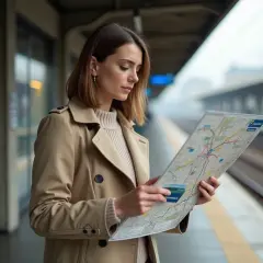 Femme cherchant son chemin sur une carte à la gare, planifiant son exploration de la zone 1 Paris.