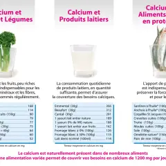 Tableau comparatif d'aliments riches en calcium : brocolis, lait, sardines. Une alimentation variée est essentielle.