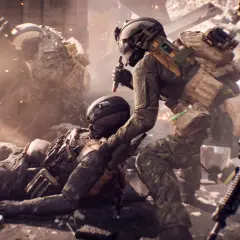 Żołnierz pomaga rannemu koledze na polu bitwy, czuć atmosferę kiedy nowy Battlefield.