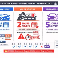 Déclaration de vol de véhicule : 2 jours ouvrés. En cas de vol le samedi nuit, déclaration impérative le lundi. Attention, dépassement = refus de prise en charge.