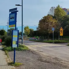 Przystanek autobusowy ZTM przy dworcu PKP w Grabownie Wielkim, z widocznym znakiem drogowym i pasami.