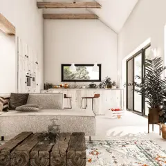 Przytulny salon z kuchnią w stylu rustykalnym. Drewniane belki, kamienny blat i naturalne materiały tworzą ciepłą atmosferę.