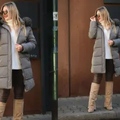 Stylowe kurtki damskie plus size zimowe w kolorze szarym, idealne na chłodne dni. Kobieta w okularach przeciwsłonecznych i białym golfie.