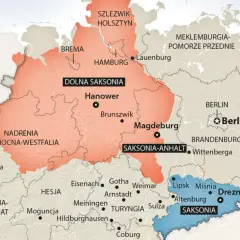 Mapa Niemiec z zaznaczonymi regionami. Gdzie leży Saksonia? Na wschodzie, obok Drezna i Lipska.
