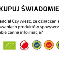 Kupuj świadomie! Zwracaj uwagę na oznaczenia produktów, by mieć pewność co do jakości towaru. Ilustracja pokazuje rolnika z koszem warzyw i kobietę wskazującą na etykiety.