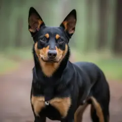 Ein aufmerksamer australian kelpie mit schwarzen und braunen Markierungen steht im Wald.