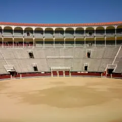 Vista interior de una plaza de toros vacía, con gradas de piedra y balcones arqueados. Las ventas por dentro esperan al público.