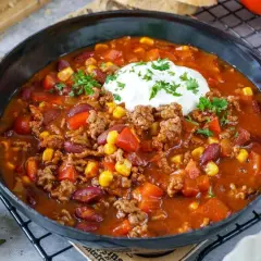 Herzhaftes Chili con Carne Rezept mit Hackfleisch, Kidneybohnen, Mais und Paprika, garniert mit einem Klecks Sour Cream und Petersilie.