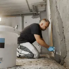 Mann trägt mit Spachtel eine dickbeschichtung auf eine Wand auf. Daneben steht ein Eimer mit der Aufschrift "Bodenbeschichtung".