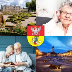 Pałac, starsza kobieta w słuchawkach, para seniorów, herby i rynek miejski.
