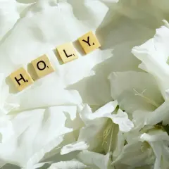 Litania do Ducha Świętego, pełna mocy, układa się w słowo "HOLY" wśród białych kwiatów i zwiewnej tkaniny.