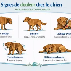 Mon chien a du mal à marcher, il boite et refuse de bouger. L'image montre les signes de douleur chez le chien : posture voûtée, boiterie, léchage excessif, tremblements et réticence à bouger.