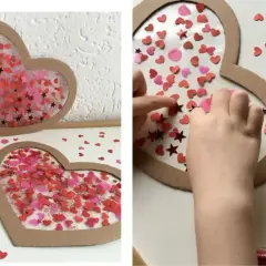Manos pequeñas creando un corazón shaker con confeti rojo y rosa. Facil manualidades San Valentín niños.