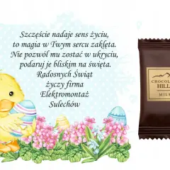 Uroczy kurczaczek z pisankami i kwiatami, obok czekoladka "Chocolate Hills". Wesołych Świąt życzy firma Elektromontaż Sulechów.