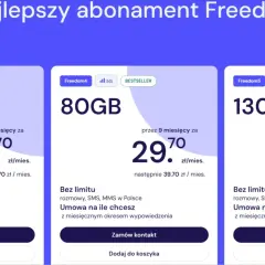 Porównanie ofert Freedom: 55GB za 24,70 zł, 80GB za 29,70 zł (bestseller), 130GB za 39,70 zł. Najtańszy abonament z nielimitowanymi rozmowami i SMS.