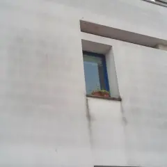 Facciata di un edificio con cappotto termico che mostra segni di muffa e macchie scure sotto la finestra.