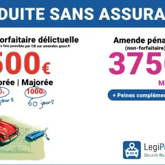 Amende forfaitaire de 500€ ou pénale jusqu'à 3750€ pour conduite sans assurance. Une vignette assurance obligatoire est cruciale.